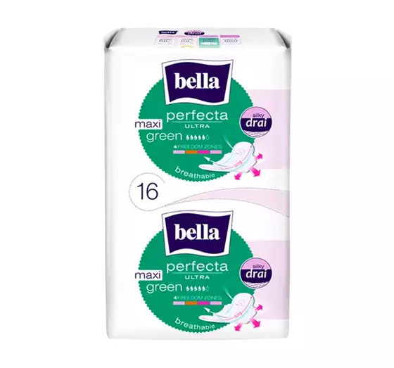 BELLA PERFECTA ULTRA MAXI GREEN FEMINE PADS WITH WINGS 16 PCS