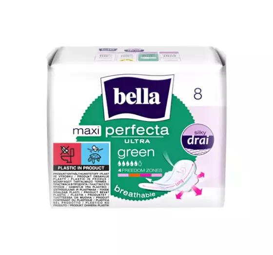 BELLA PERFECTA ULTRA MAXI GREEN FEMINE PADS WITH WINGS 8 PCS