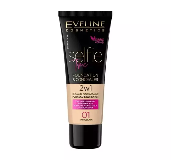 EVELINE SELFIE TIME HIGH COVERAGE MOISTURIZING FOUNDATION AND CONCEALER 01 PORCELAIN 30ML