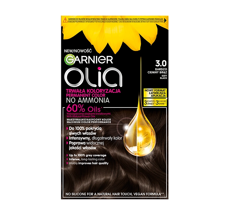 GARNIER OLIA PERMANENT HAIR COLOR NO AMMONIA 3.0 VERY DARK BROWN