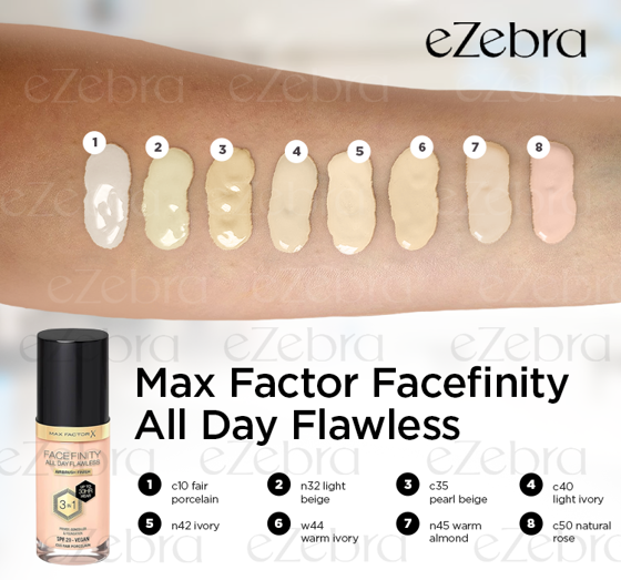 MAX FACTOR FACEFINITY ALL DAY FLAWLESS 3IN1 VEGAN FOUNDATION C10 FAIR PORCELAIN 30ML 