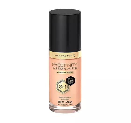 MAX FACTOR FACEFINITY ALL DAY FLAWLESS 3IN1 VEGAN FOUNDATION N45 WARM ALMOND 30ML 