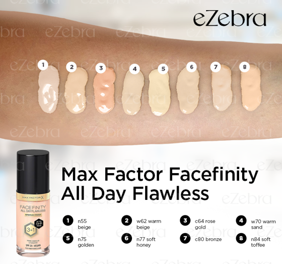 MAX FACTOR FACEFINITY ALL DAY FLAWLESS 3IN1 VEGAN FOUNDATION N77 SOFT HONEY 30ML 