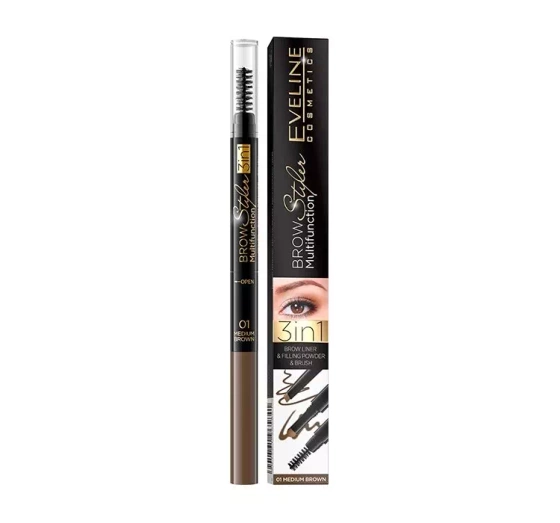 EVELINE BROW STYLER MULTIFUNCTION 3in1 EYEBROW PENCIL 01 MEDIUM BROWN