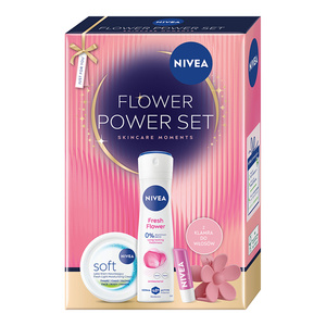 NIVEA Flower Power Set: Fresh Flower Deodorant Spray 150ml, Soft Moisturiser 200ml, Soft Rose Lip Balm 4.8g and Hair Clip