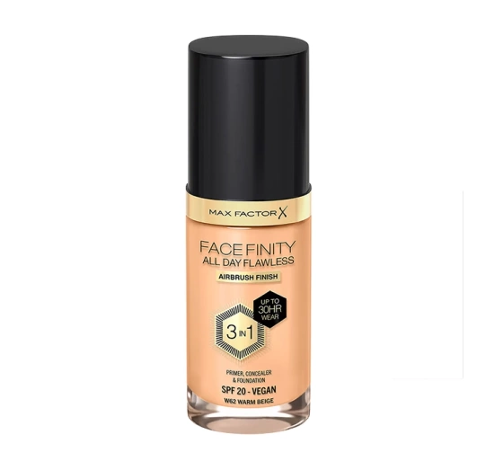 MAX FACTOR FACEFINITY ALL DAY FLAWLESS 3IN1 VEGAN FOUNDATION W62 WARM BEIGE 30ML 