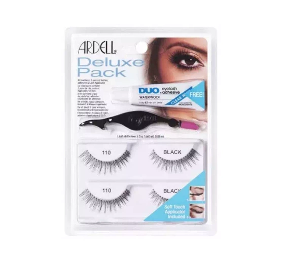 ARDELL DELUXE PACK SET OF 2 PAIRS OF FALSE EYELASHES 110 BLACK + ADHESIVE + APPLICATOR 