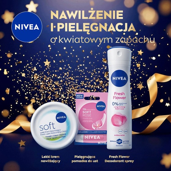 NIVEA Flower Power Set: Fresh Flower Deodorant Spray 150ml, Soft Moisturiser 200ml, Soft Rose Lip Balm 4.8g and Hair Clip