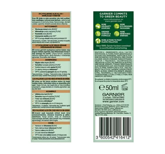 GARNIER SKIN NATURALS HYALURONIC ALOE ALL-IN-1 MOISTURIZING BB CREAM MEDIUM 50ML 