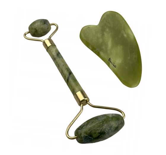 DENI CARTE FACIAL MASSAGE SET MASSAGER + GREEN JADE GUA SHA STONE 
