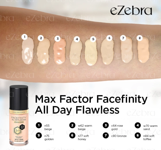 MAX FACTOR FACEFINITY ALL DAY FLAWLESS 3IN1 VEGAN FOUNDATION W62 WARM BEIGE 30ML 