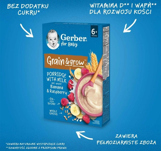 Gerber Grain & Grow milk porridge oat-wheat Banana & Raspberry for babies after 6 months 200g